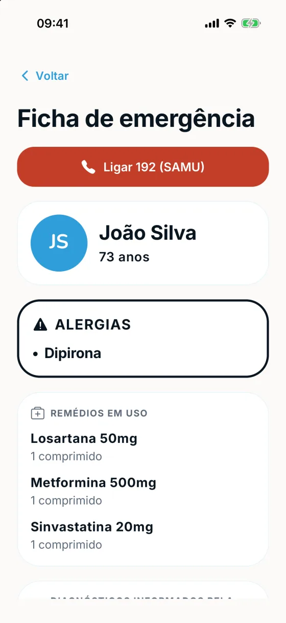 Ficha de emergência com botão para ligar ao 192