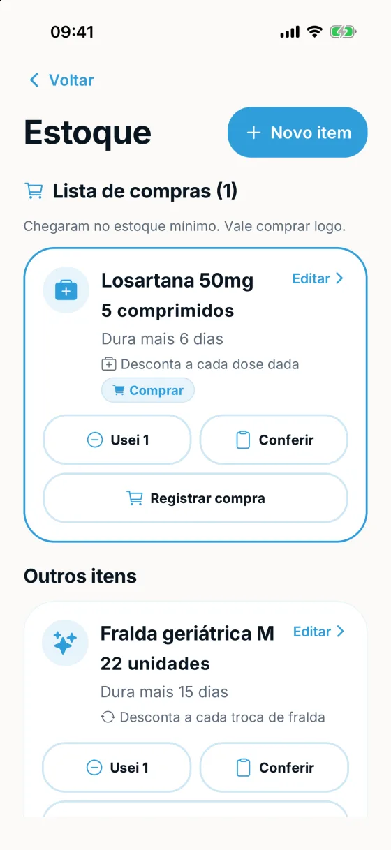 Tela de estoque com lista de compras