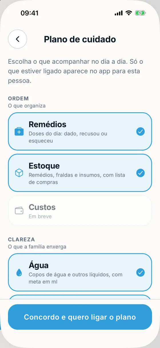 Tela do plano de cuidado, com módulos que podem ser ligados